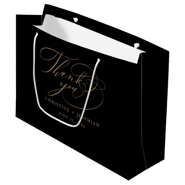Elegante Black Gold Script Wedding Vielen Dank Große Geschenktüte (Vorderseite Schrägansicht)