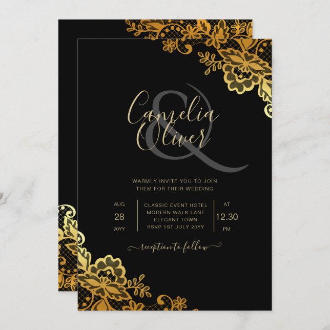 Elegante Black Gold Spitzen Moderne Hochzeit Einladung (Vorne/Hinten)