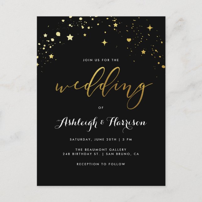 Elegante Black & Gold Star Confetti Wedding Einladungspostkarte (Vorderseite)
