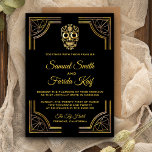 Elegante Black Gold Sugar Skull Einladung Hochzeit<br><div class="desc">Erleben Sie Ihren Gast mit dieser verzierten goldfarbenen und goldfarbenen Hochzeitseinladung zum Thema Calavera. Fügen Sie einfach Ihre Veranstaltungsdetails zu dieser einfach zu bedienenden Vorlage hinzu, um sie zu einer einmaligen Einladung zu machen. Dreh die Karte um ein schönes goldenes Dreiecksmuster auf der Kartenrückseite zu zeigen. Diese Einladung ist vollständig...</div>