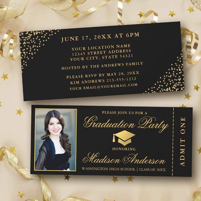 Elegante Black Gold Ticket Foto Graduation Party Einladung (Customize to change text size or text style.)