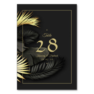 Elegante Black & Gold Tropical Leaf Hochzeit Tischnummer