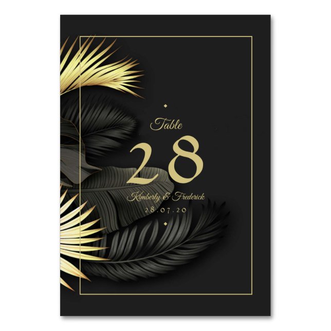 Elegante Black & Gold Tropical Leaf Hochzeit Tischnummer (Vorderseite)