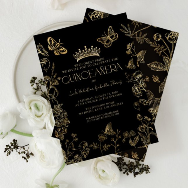 Elegante Black Gold Vintag Floral Quinceñera Einladung (Von Creator hochgeladen)