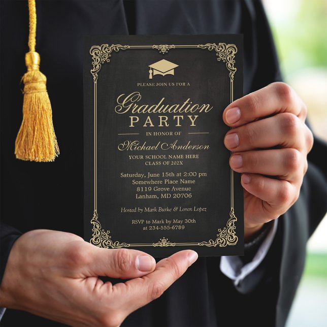 Elegante Black Gold Vintag Frame Graduation Party Einladung (Von Creator hochgeladen)