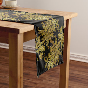 Elegante Black & Gold Vintag Lace & Glitzer Blume Kurzer Tischläufer