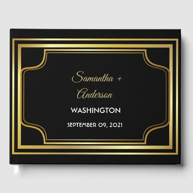 Elegante Black Gold Wedding Gästebuch (Vorderseite)