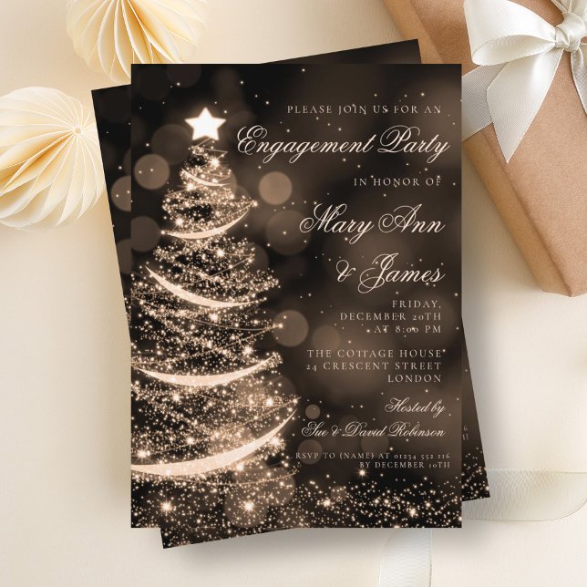 Elegante Black & Gold Weihnachts-Engagement Party Einladung (Elegant Black & Gold Christmas Engagement Party Invitation)