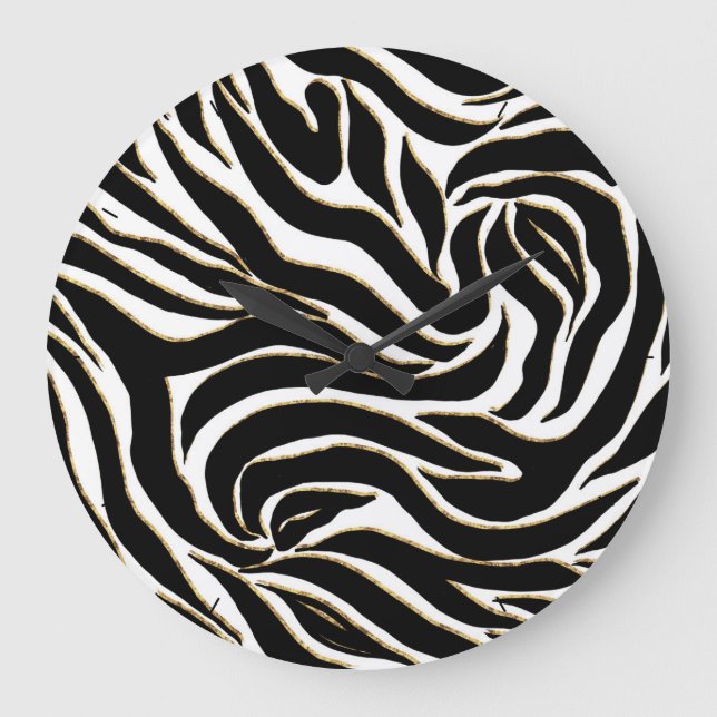Elegante Black Gold Zebra White Animal Print Große Wanduhr (Vorderseite)