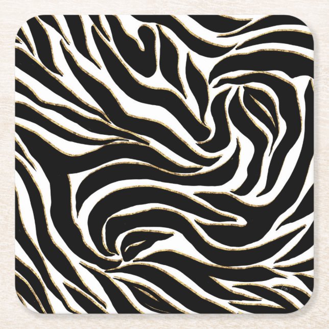 Elegante Black Gold Zebra White Animal Print Rechteckiger Pappuntersetzer (Vorderseite)