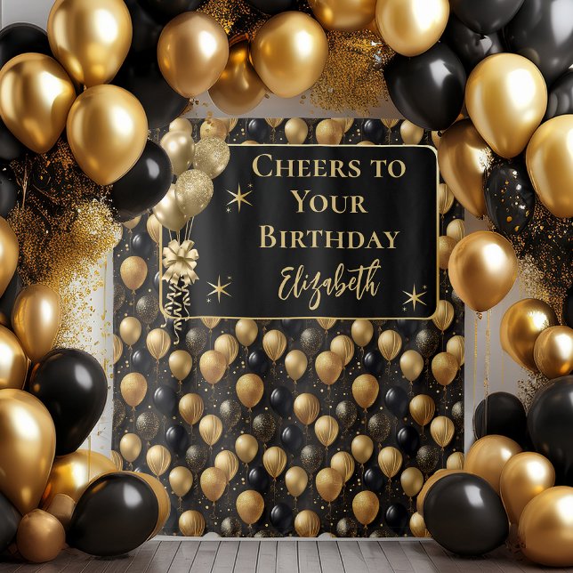 Elegante Black Gold zum Geburtstag von Balloons Hi Wandteppich (Elegant Black and Gold Faux Glitter Balloons Pattern A021 "Cheers to Your Birthday" [Name] Backdrop)