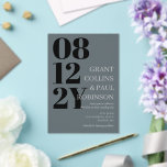 Elegante Black Gray Big Date Typografy Wedding Acryleinladungen<br><div class="desc">Elegante typografische Hochzeitseinladung in dunkelkohlegrau mit Ihrem Hochzeitsdatum in großen Zahlen an der Seite der dunkelgrauen Hochzeitseinladung in Acryl. Die helle und elegante Acryl dunkelgrau und schwarz Hochzeitseinladung mit grauen Schriftart.</div>