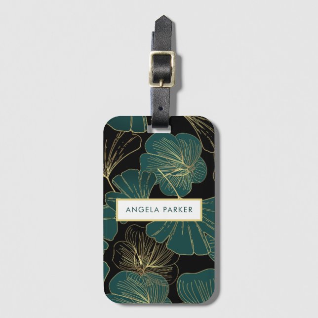 Elegante Black Green Gold Kontur Ginkgo Blätter Gepäckanhänger (Vorderseite Vertikal)