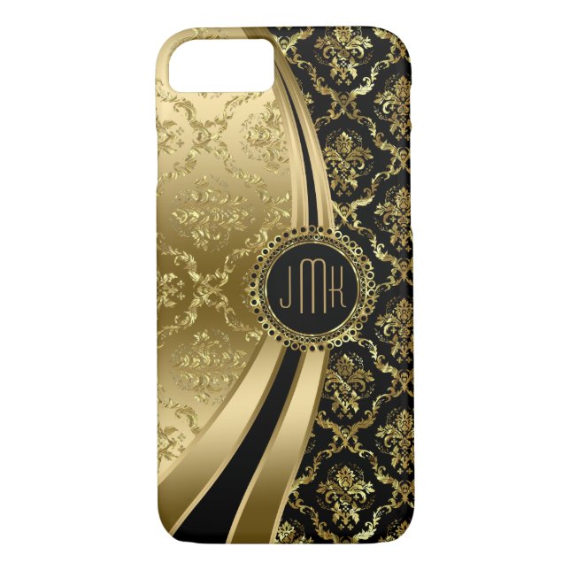 Elegante Black & Imitate Gold Floral Damaskus 2d Case-Mate iPhone Hülle (Rückseite)
