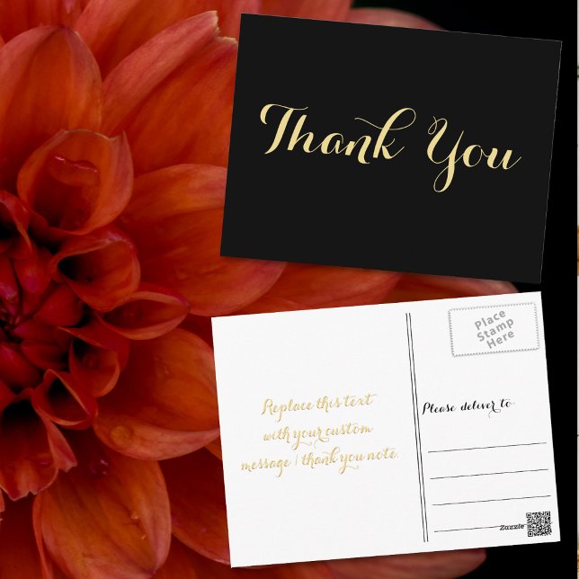 Elegante Black Imitats Gold Script Hochzeit Vielen Postkarte (Elegant Black Faux Gold Script Wedding Thank You Postcard)