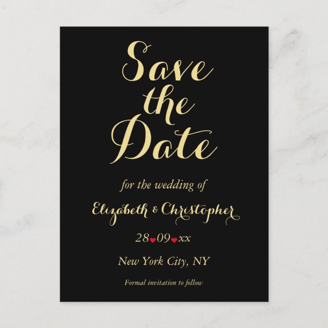 Elegante Black Imitats Gold Wedding Save the Date Postkarte (Vorderseite)