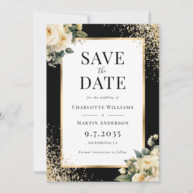 Elegante Black Ivory Gold Confetti Blumenhochzeit Save The Date (Vorderseite)