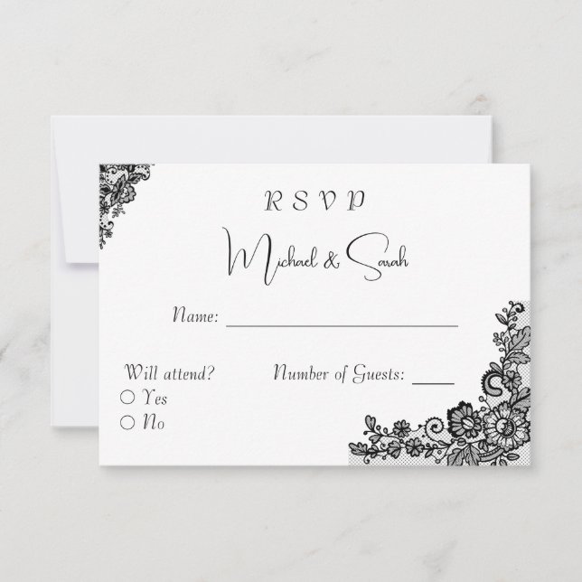 Elegante Black Lace RSVP Karte für Hochzeiten (Vorderseite)