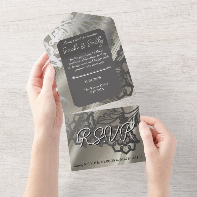 Elegante Black Lace Wedding All In One Einladung (Abreißtisch)