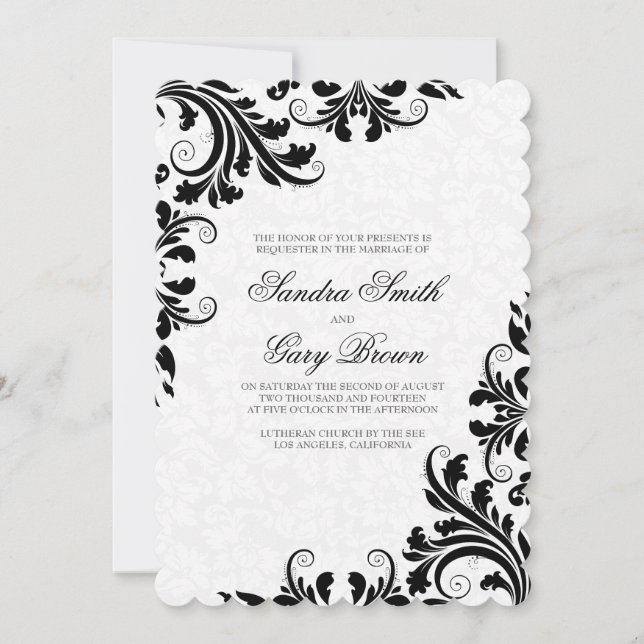 Elegante Black Lace White Damasks Hochzeit Einladung (Vorderseite)