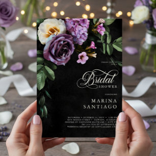 Elegante Black & Lavender Floral Script Dusche Einladung