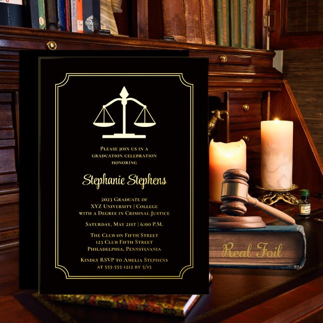 Elegante Black Law Attorney Graduation Party Folieneinladung (Von Creator hochgeladen)
