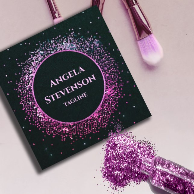Elegante Black Lila Glitzer Business Card Quadratische Visitenkarte (#rosegoldbusinesscard #glitter #purplefaux #sparkles #luxury #zazzlemade #blackpurple #glitterpurple)
