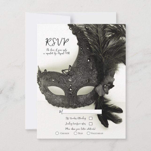 Elegante Black Masquerade Maske Sage Wedding RSVP Einladung (Vorderseite)