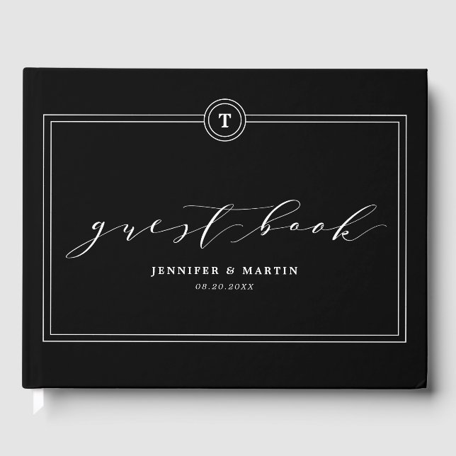 Elegante Black Monogram Calligrafy Wedding Gästebuch (Vorderseite)