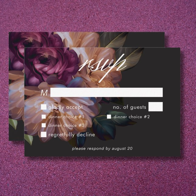 Elegante Black Moody Floral Hochzeit Drei Abendess RSVP Karte (Elegant Black Moody Floral Wedding Three Dinner RSVP Card)