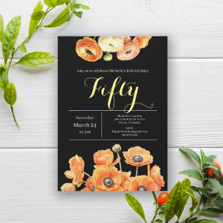 Elegante Black Orange Floral 50. Geburtstagsparty Einladung