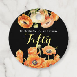 Elegante Black Orange Floral 50. Geburtstagsparty Geschenkanhänger