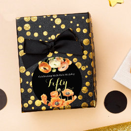Elegante Black Orange Floral 50. Geburtstagsparty Runder Aufkleber