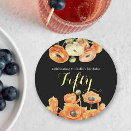 Elegante Black Orange Floral 50. Geburtstagsparty Runder Pappuntersetzer