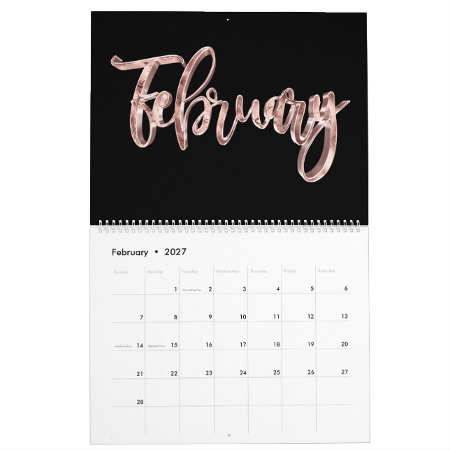 Elegante Black Pink Rose Gold Script Typografie Kalender (Feb 2027)