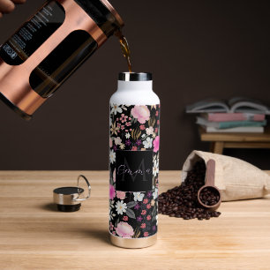 Elegante Black Pink Wildblumen Boho Floral Paint Trinkflasche