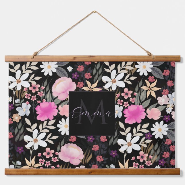 Elegante Black Pink Wildblumen Boho Floral Paint Wandteppich Mit Holzrahmen (Vorne)
