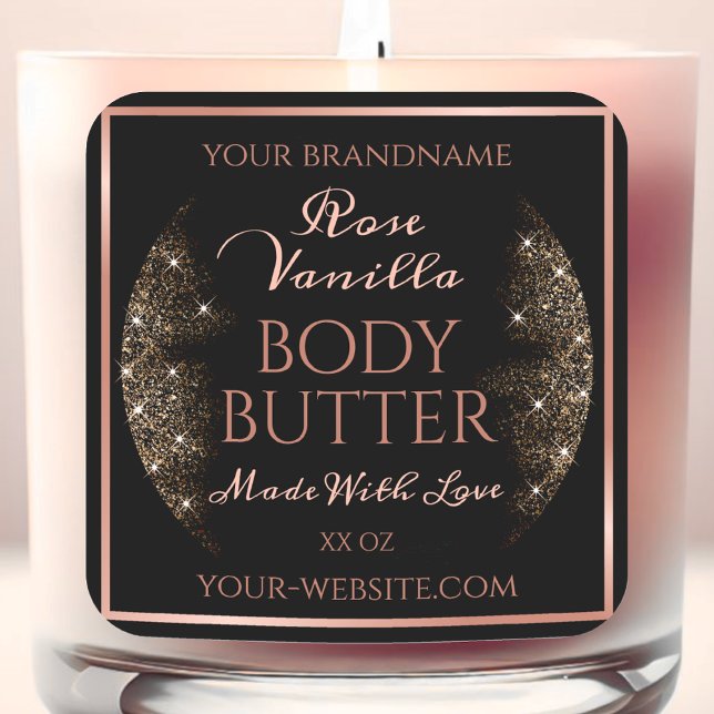 Elegante Black Product Packaging Labels Rose Gold Quadratischer Aufkleber (Von Creator hochgeladen)