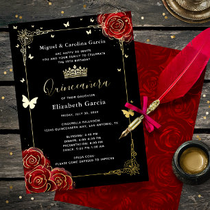 Elegante Black Quinceanera Rote Rose Real Folieneinladung