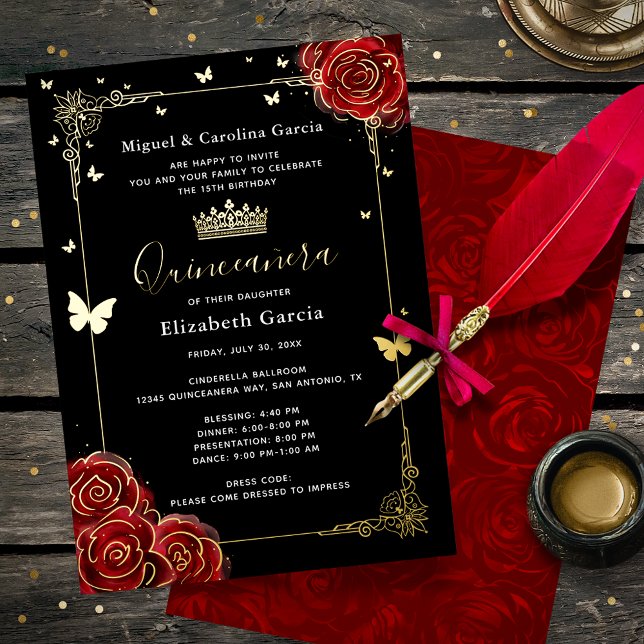 Elegante Black Quinceanera Rote Rose Real Folieneinladung (Black, red and real metallic gold foil quinceanera invitations to make your big day sparkle!)