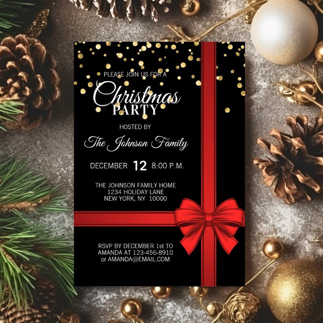 Elegante Black Red Bow Weihnachtsfeier Einladung (Elegant Black Red Bow Christmas Holiday Party Invitation)
