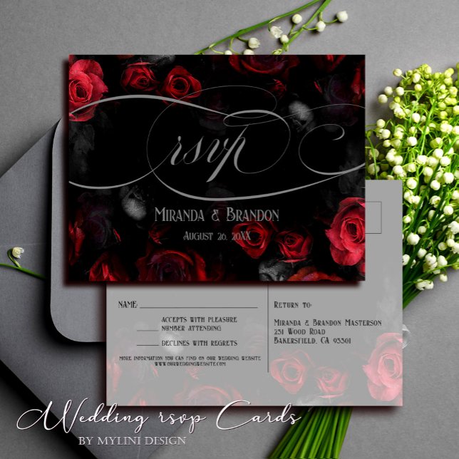 Elegante Black Red Floral Wedding RSVP Postcard Ankündigungspostkarte (Von Creator hochgeladen)