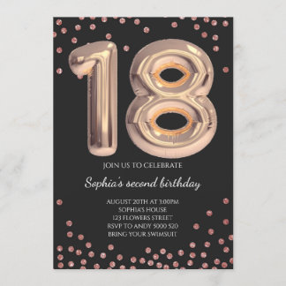Elegante Black Rose Gold Glitzer 18. Girl Geburtst Einladung