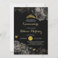 Elegante Black Rose & Gold Royal Crown Mis Quince