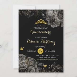 Elegante Black Rose & Gold Royal Crown Mis Quince Einladung