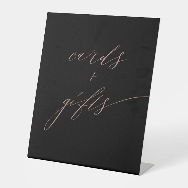 Elegante Black Rose Gold Script Cards Geschenke Sockelschild (Vorderseite)