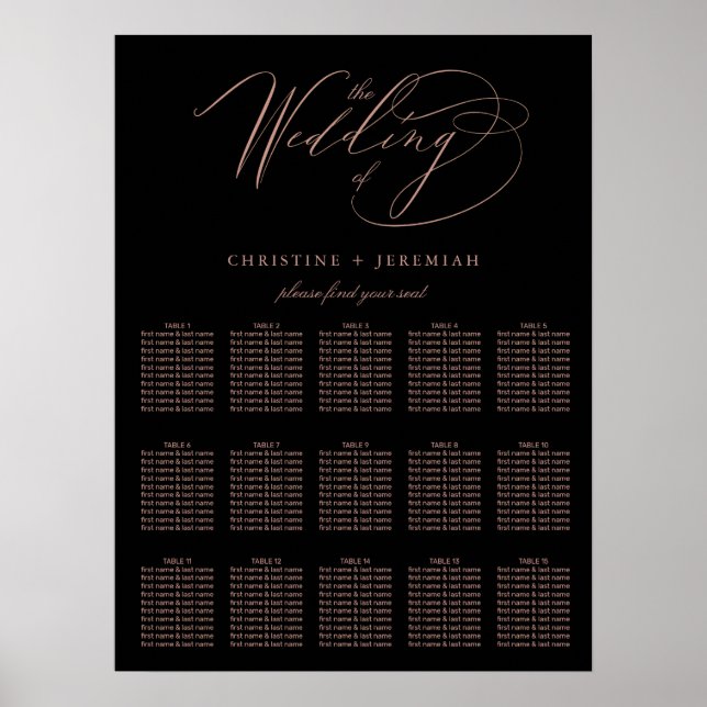 Elegante Black Rose Gold Script Hochzeitssitze Poster (Vorne)
