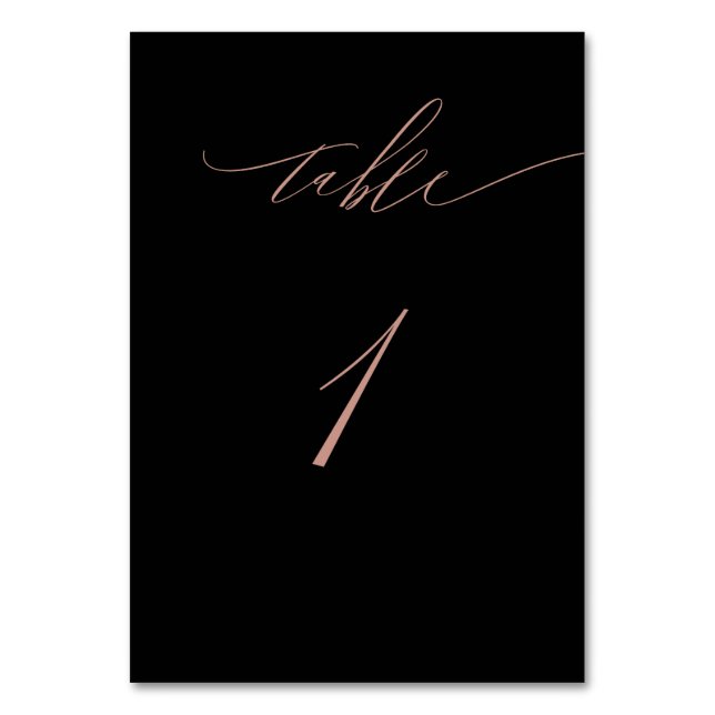 Elegante Black Rose Gold Script No. 1 Wedding Tabl Tischnummer (Vorderseite)