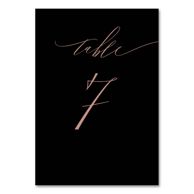 Elegante Black Rose Gold Script No. 7 Wedding Tischnummer (Vorderseite)