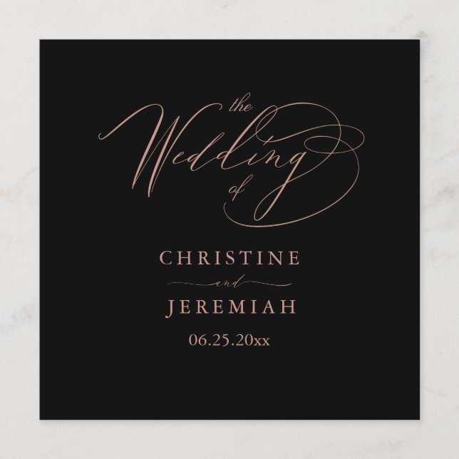 Elegante Black Rose Gold Script Typografy Wedding Programm (Vorderseite)